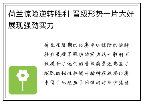 荷兰惊险逆转胜利 晋级形势一片大好展现强劲实力