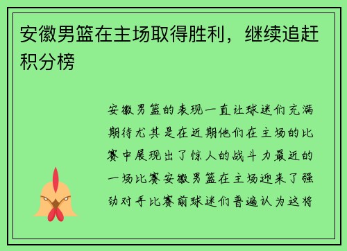 安徽男篮在主场取得胜利，继续追赶积分榜