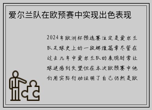 爱尔兰队在欧预赛中实现出色表现