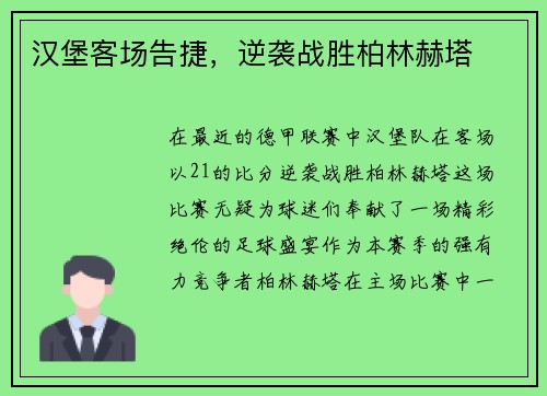 汉堡客场告捷，逆袭战胜柏林赫塔